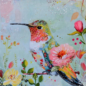 Whimsical Hummingbird Print , Whimsical Bird Art, Contemporary Bird Art, hummingbird Painting, Folk Art, hummingbird Decor, floral art