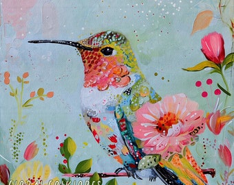 Whimsical Hummingbird Print , Whimsical Bird Art, Contemporary Bird Art, hummingbird Painting, Folk Art, hummingbird Decor, floral art