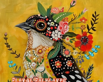 The Show Off whimsical bird Print , Whimsical Bird Art, Contemporary Bird Art, sparrow Painting, Folk Art, Sparrow Decor, floral art,