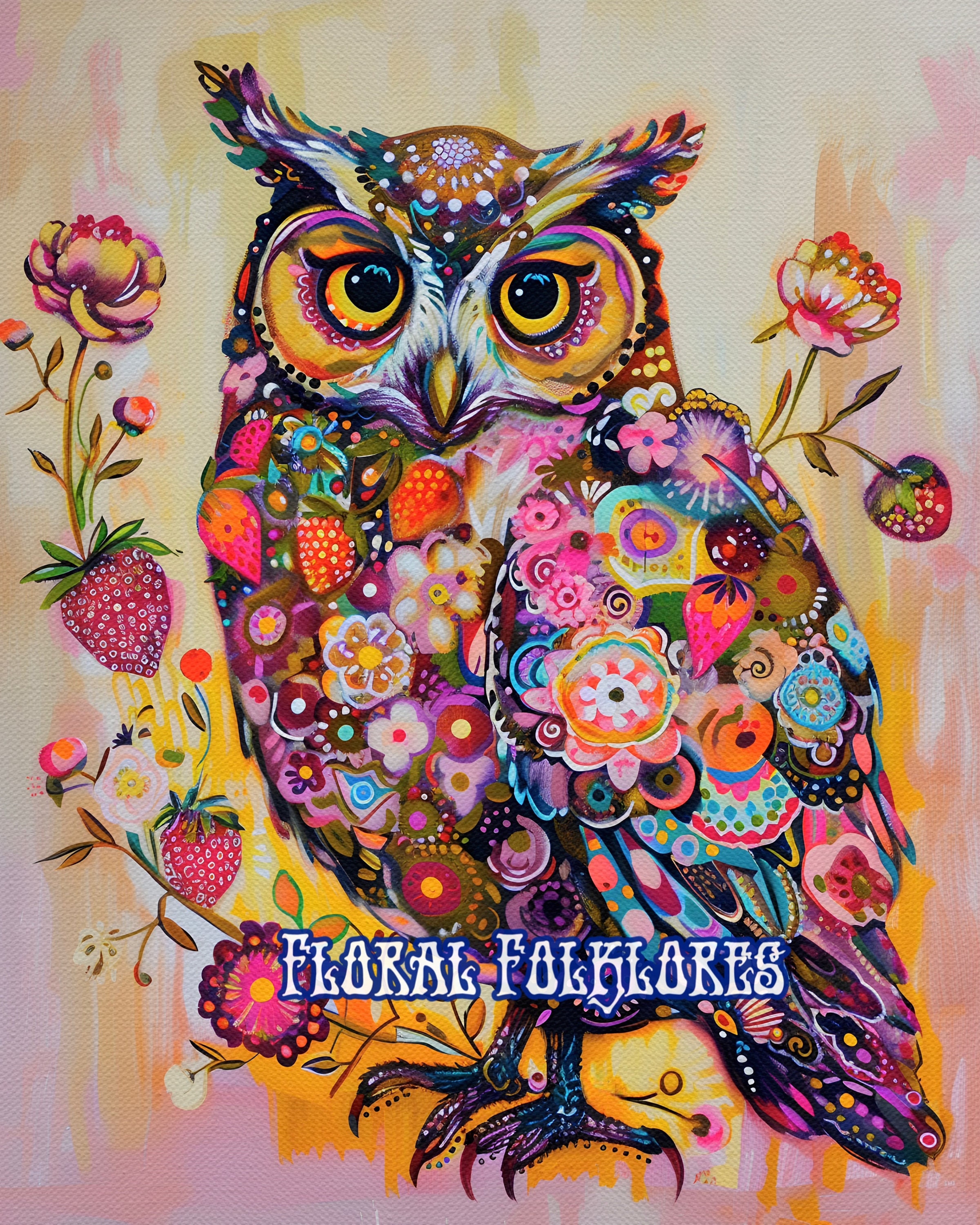 Boho Botanical Floral Owl Print, Whimsical owl Art, Contemporary owl, owl Painting, Folk Art, owl de