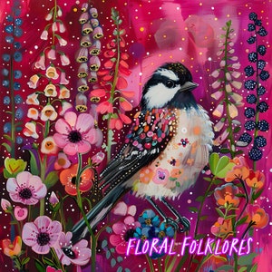 Chickadee and Foxgloves Print, Whimsical Bird Art, Contemporary Bird Art, Chickadee Painting, Folk Art bird, Chickadee Decor, floral art,