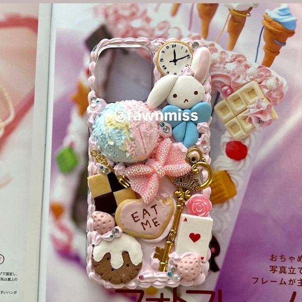 alice in wonderland sweets themed decoden phone case bow charm sweets cotton candy ice cream bunny alice