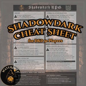Op de afbeelding: Een Shadowdark RPG spiekbriefje voor D&D 5e spelers met zwarte tekst op een lichtgrijze achtergrond. Het document bevat secties voor checks, gevechten, uitrusting, spreuken, rusten en duisternisregels met een cirkelvormig logo in de hoek.