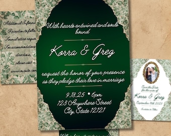 de Faire-part de mariage gothique | Suite de faire-part de mariage vert foncé | Faire-part de mariage en toile modifiable | Moody romantique à imprimer