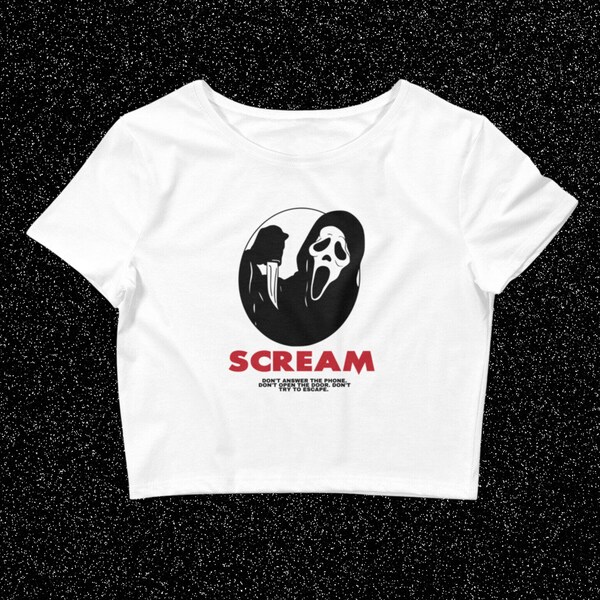 Retro Halloween Scream Ghostface Crop Top Baby Tee, camiseta de película de terror para adultos, camiseta vintage, camisa recortada de otoño para mujeres. Regalo de película de miedo