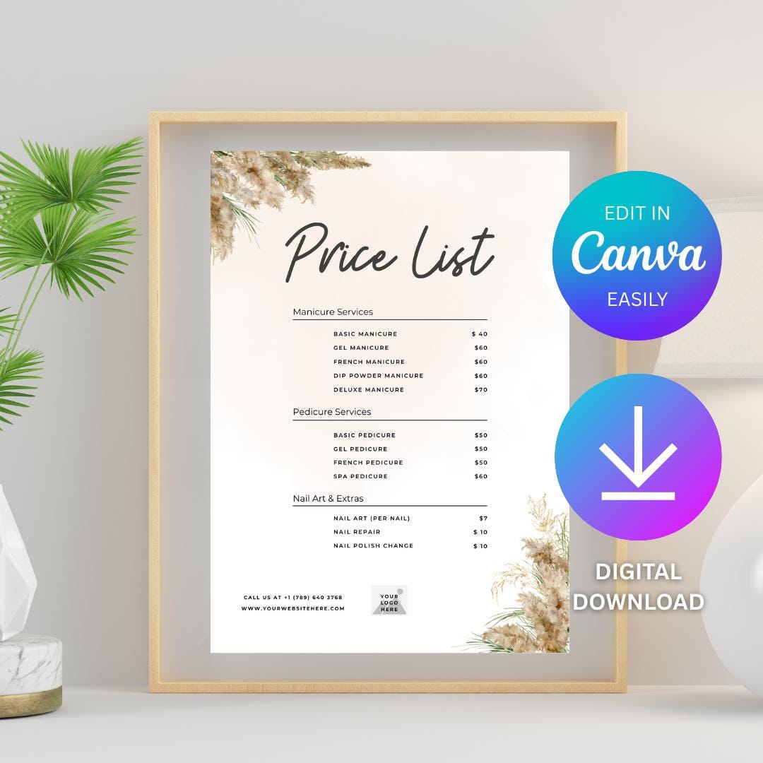 Boho Salon Price List Template, Editable Canva Menu (digital Download ...