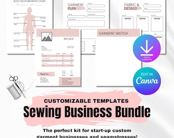 Op de afbeelding: Een naai-businesspakket met aanpasbare sjablonen, waaronder een lichaamsmatentabel, kledingplan, stoffen details, factuur en kledingschets. Bevat een digitaal downloadpictogram en een bewerk in Canva-pictogram.