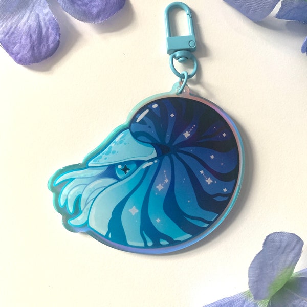 Nautilus Charm - Epoxy Coated Acrylic Keychain with Blue Clasp and Sea Themed Artwork