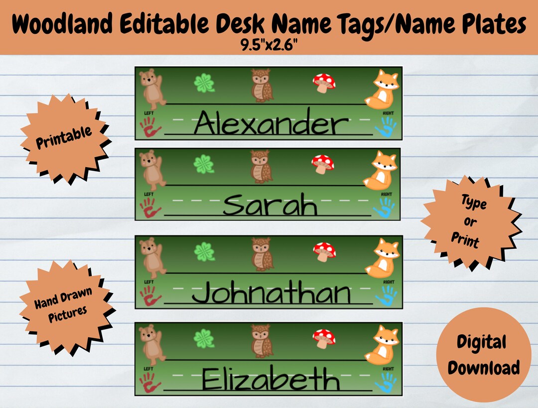 Woodland Classroom Name Tags & Name Plates for Students, Editable Class