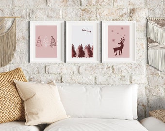 Christmas Wall Art Printable Set of 3, Pink Christmas Printable with Reindeer, Christmas Print Set, Pink Christmas Art Print