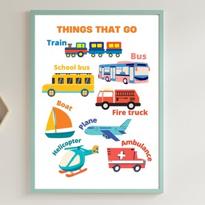 Montessori, Nursery Wall Art, Classroom Decor, Educational Posters, things that go, Digital Prints, Nursery Prints, Home School, Printable