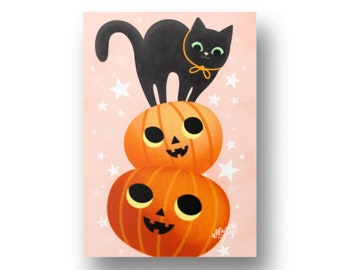 Black Kitty & Jack-O-Lanterns Digital Art Print Instant Download