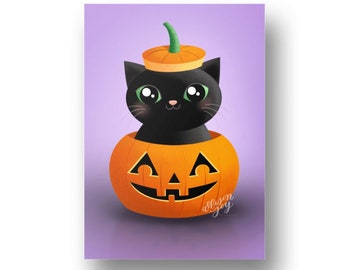 Little Black Kitty in a Jack-O-Lantern Digital Art Print Instant Download