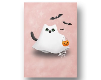 Ghosty Kitty Trick or Treat Digital Art Print Instant Download