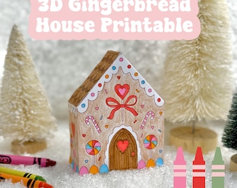 3D Weihnachtslebkuchenhaus druckbares Handwerk für Kinder, Weihnachtslebkuchendrucke, druckbares Lebkuchenhaus