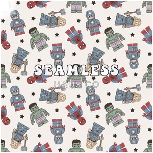 May include: A seamless pattern featuring various superhero characters in a Lego style. The characters include Captain America, Thor, Hulk, and Spiderman. The background is a light beige with black stars.