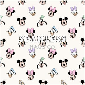 May include: A white background with a repeating pattern of cartoon character faces. The characters include Mickey Mouse, Minnie Mouse, Donald Duck, Goofy, and Pluto. The text "SEAMLESS HAUS CO" is in the centre of the image.