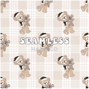 May include: Seamless pattern featuring cartoon teddy bears in winter attire, holding smaller teddy bears. The bears are in shades of brown and beige, set against a light beige plaid background. The word "SEAMLESS" and "HAUS CO" are also in the image.