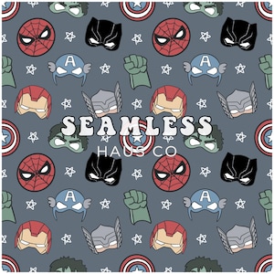 May include: Seamless pattern featuring comic book character masks and symbols in red, blue, black, and green on a gray background. Includes Spider-Man, Black Panther, Captain America, Iron Man, Thor, and Hulk. The text "SEAMLESS HAUS CO" is also present.