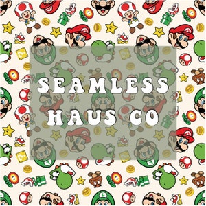 May include: A seamless pattern featuring a variety of characters and objects from the Super Mario Bros. video game franchise. The pattern includes Mario, Luigi, Yoshi, Goombas, and other iconic elements. The text "SEAMLESS HAUS CO" is displayed in the center of the pattern.