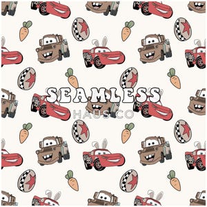以下が含まれることがあります： カートゥーンの車、イースターエッグ、ニンジンをフィーチャーしたシームレスパターン。車は赤と茶色で、ウサギの耳と笑顔をしています。卵は赤と白で、黒い水玉模様です。ニンジンはオレンジ色で、緑色の先端があります。テキスト「SEAMLESS HAUSCO」はパターンの真ん中にあります。