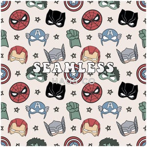 May include: A seamless pattern with superhero imagery, including Spider-Man, Black Panther, Captain America, Iron Man, Thor, and Hulk masks. The design incorporates stars and the text "SEAMLESS HAUS CO" on a pale beige backdrop.