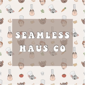 Peut inclure: Un motif sans couture représentant des chefs et des rats en dessin animé portant des toques de chef. Le motif est sur un fond beige clair. Le texte "SEAMLESS HAUS CO" est au centre de l'image.