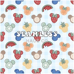 May include: Seamless pattern featuring fruit-themed Mickey Mouse heads, including watermelon, strawberries, oranges, and pineapples, on a light blue plaid background. The word "SEAMLESS" is displayed in white block letters, with "HAUS CO" below.