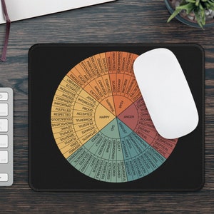 May include: A black mouse mat with a colourful wheel of emotions. The wheel is divided into sections with different colours and words describing various emotions, such as happy, sad, angry, and scared.