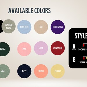 Op de afbeelding: Een grafiek met beschikbare kleuren voor een product, met opties zoals zwart, bosgroen, salie, marineblauw, roze, lila, bruin en teampaars. De grafiek toont ook twee stijlen, gelabeld A en B, met een sociaal batterijpictogram naast elk.