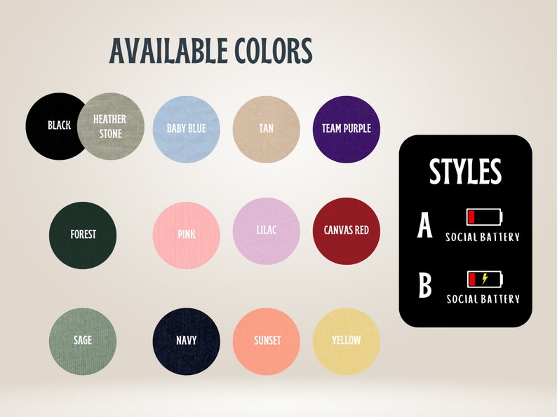 Op de afbeelding: Een grafiek met beschikbare kleuren voor een product, met opties zoals zwart, bosgroen, salie, marineblauw, roze, lila, bruin en teampaars. De grafiek toont ook twee stijlen, gelabeld A en B, met een sociaal batterijpictogram naast elk.