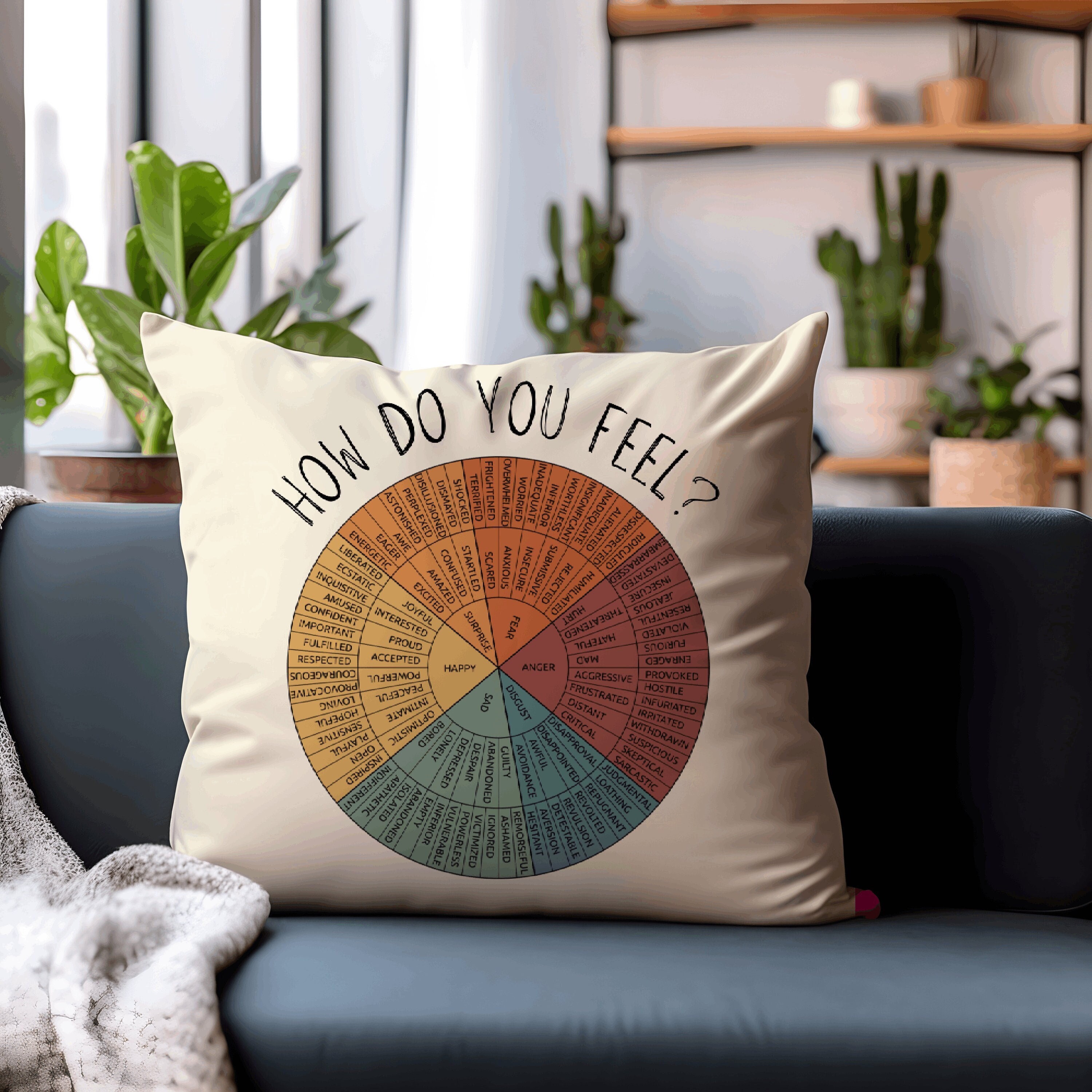 Almohada de rueda de sentimientos, almohada de rueda de emociones, almohada de decoración de terapia de terapeuta, almohada de meditación, almohada de rueda de color, regalo de cuidado personal - SKU_018