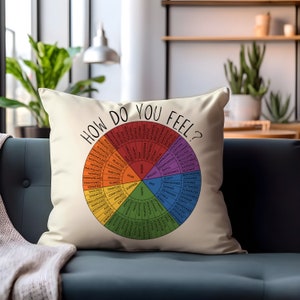 How Do You Feel? Pillow, Emotion Wheel Pillow, Therapist Pillow, Meditation Pillow, Color Wheel Pillow, Self Care Gift, Therapist decor