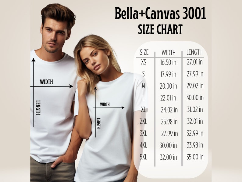 Op de afbeelding: Bella+Canvas 3001 maattabel voor T-shirts. De tabel toont de breedte- en lengtemaat in inches voor maten XS tot 5XL.