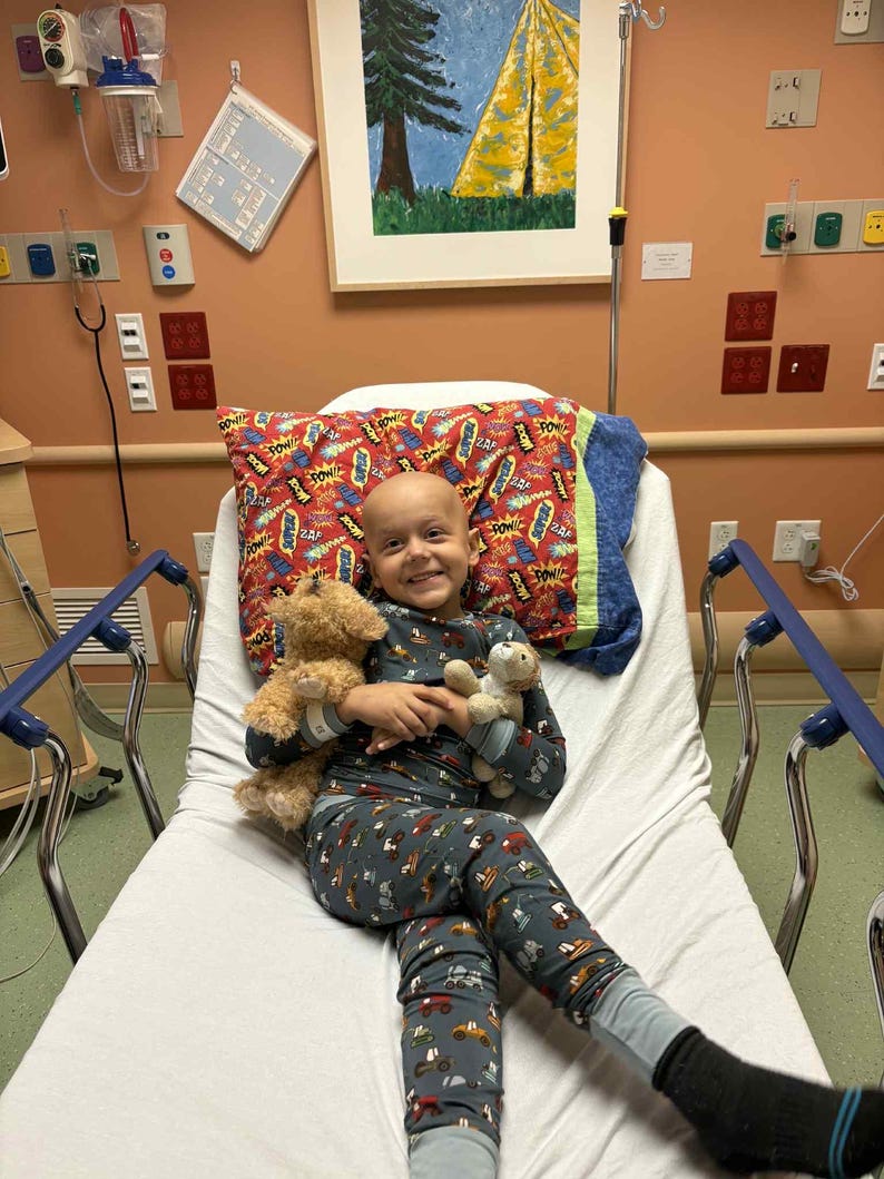 Puede incluir: Un ni&ntilde;o sonr&iacute;e en una cama de hospital, con un pijama estampado y sosteniendo dos peluches. La cama tiene una almohada colorida. La habitaci&oacute;n incluye equipo m&eacute;dico y una pintura enmarcada.