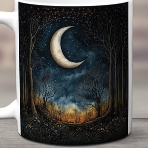 Moon Mug, Magical Ceramic Mug with Crescent Moon and Stars Through a Forest Clearing, Twilight Sky Blending Warm Sunset into Deep Night
