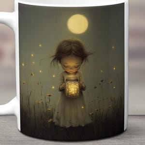 May include: White ceramic mug featuring a whimsical illustration of a young girl holding a glowing jar of fireflies. The design includes a full moon and a field of wildflowers, creating a dreamy, nighttime scene.