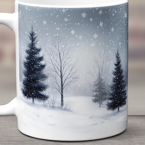 Winter Trees Mug, Snowflakes Coffee Cup, Christmas Pine Trees, Winter Scene, Snowy Evergreen, Hot Cocoa Mug, Woodland Festive Gift, Holiday