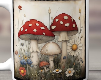Mushroom Mug, Enchanting Ceramic Mug with Mushrooms and Wildflowers, A Nature Inspired Design to Brighten Your Day