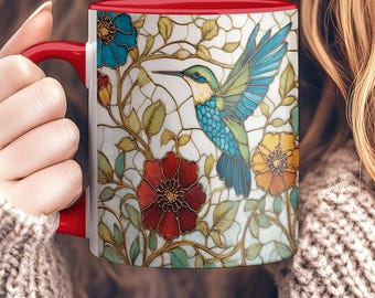 Hummingbird Mug, Stained Glass Style Floral Coffee Cup, Bird Lover Gift, Botanical Wildflower Art, Cottagecore Kitchen Decor, Nature Tea Cup