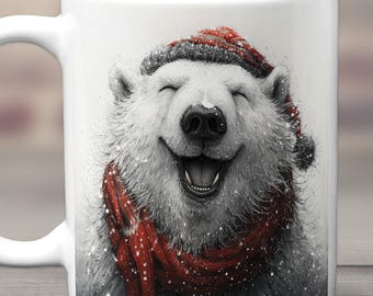Polar Bear Mug, Polar Bear Coffee Cup, Christmas Polar Bear, Polar Bear Gift, Ceramic Polar Bear Mug, Festive Polar Bear Mug, Bear Tea Cup