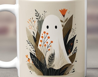 Ghost Mug, Ceramic Ghost Mug, Ghost Coffee Mug, Cute Ghost Mug, Halloween Ghost Mug, Autumn Coffee Mug, Fall Cup, Halloween Mugs, Floral Mug