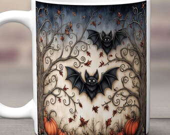 Halloween Mug, Spooky Pumpkin Coffee Cup, Bat Forest Fall Drinkware, Whimsical Autumn Decor, Gothic Cottagecore Gift, Witchy Kitchen