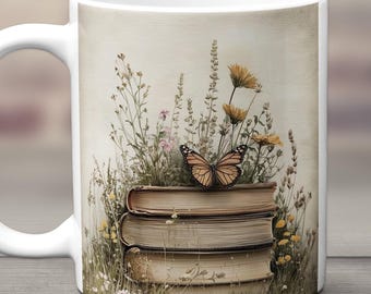 Book Lover Mug, Floral Book Stack Coffee Cup, Bookish Mug, Monarch Butterfly Mug, Reader Gift, Bookworm Gift, Wildflower Reading Mug