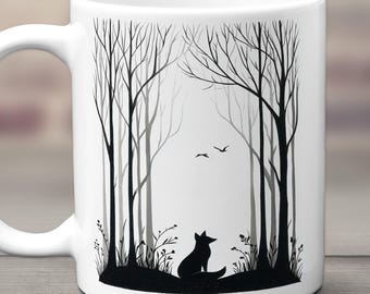 Fox Mug, Woodland Forest Coffee Cup, Nature Lover Gift, Rustic Cabin Decor, Silhouette Wildlife Art, Camping Tea Cup, Cottagecore Drinkware