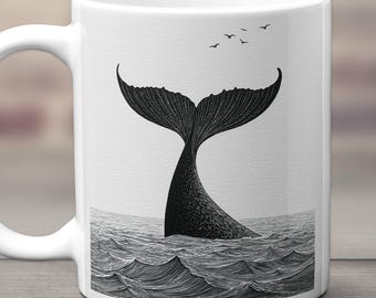 Whale Tail Mug, Coastal Ocean Coffee Cup, Linocut Marine Art, Nautical Beach House Decor, Ocean Lover Gift, Sea Life Drinkware