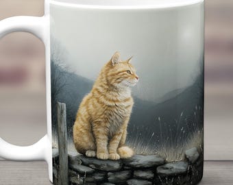 Orange Tabby Cat Mug, Cozy Country Coffee Cup, Cat Lover Gift, Rustic Farmhouse Decor, Feline Art Mug, Cottagecore Tea Cup, Pet Lover