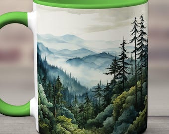 Evergreen Forest Mug, Mountain Coffee Cup, Pine Tree Nature Mug, Woodland Camping Gift, Rustic Cabin Decor, Outdoor Adventure Tea Cup