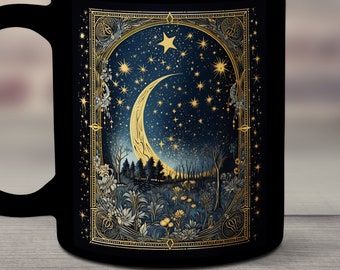 Moon and Stars Mug, Crescent Moon Mug, Ceramic Moon Coffee Cup, Celestial Mug, Beautiful Moon and Stars Mug, Mystical Moon Mug, Enchanted