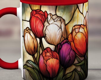 Tulip Mug, Stained Glass Mug, Stained Glass Style Floral Coffee Cup, Botanical Wildflower Gift, Tulip Kitchen Decor, Spring Flower Tea Mug